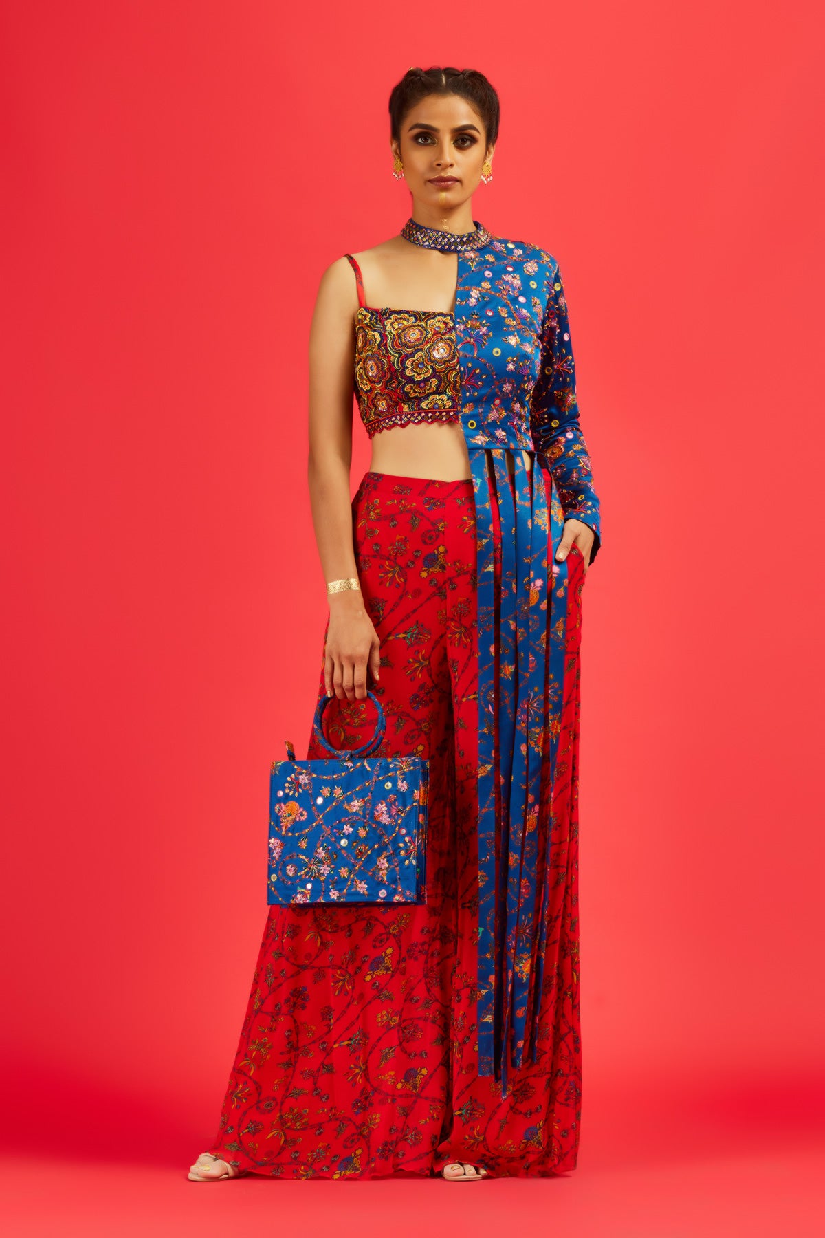 Red Asymmetrical High & Low Top With Printed Sharara Pants & Tote Bag