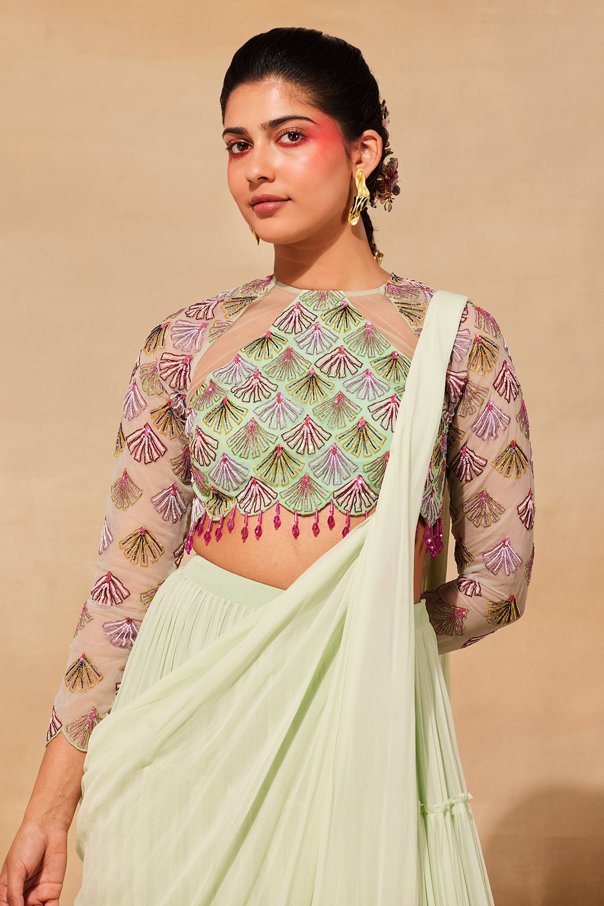 MINT GREEN SCALLOP EMBROIDERED  SAREE SET