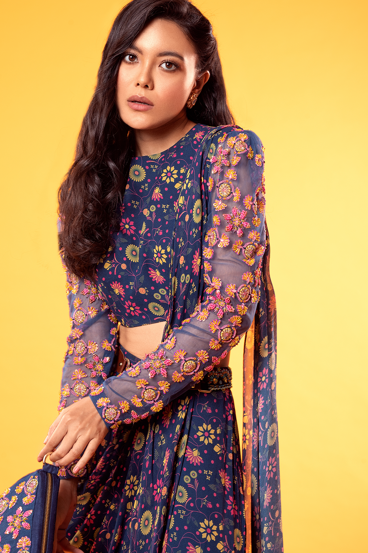 Blue Colourful thread Embroidered Sleeve High Neck Blouse With Printed Jaal Garara Saree & Potli Bag