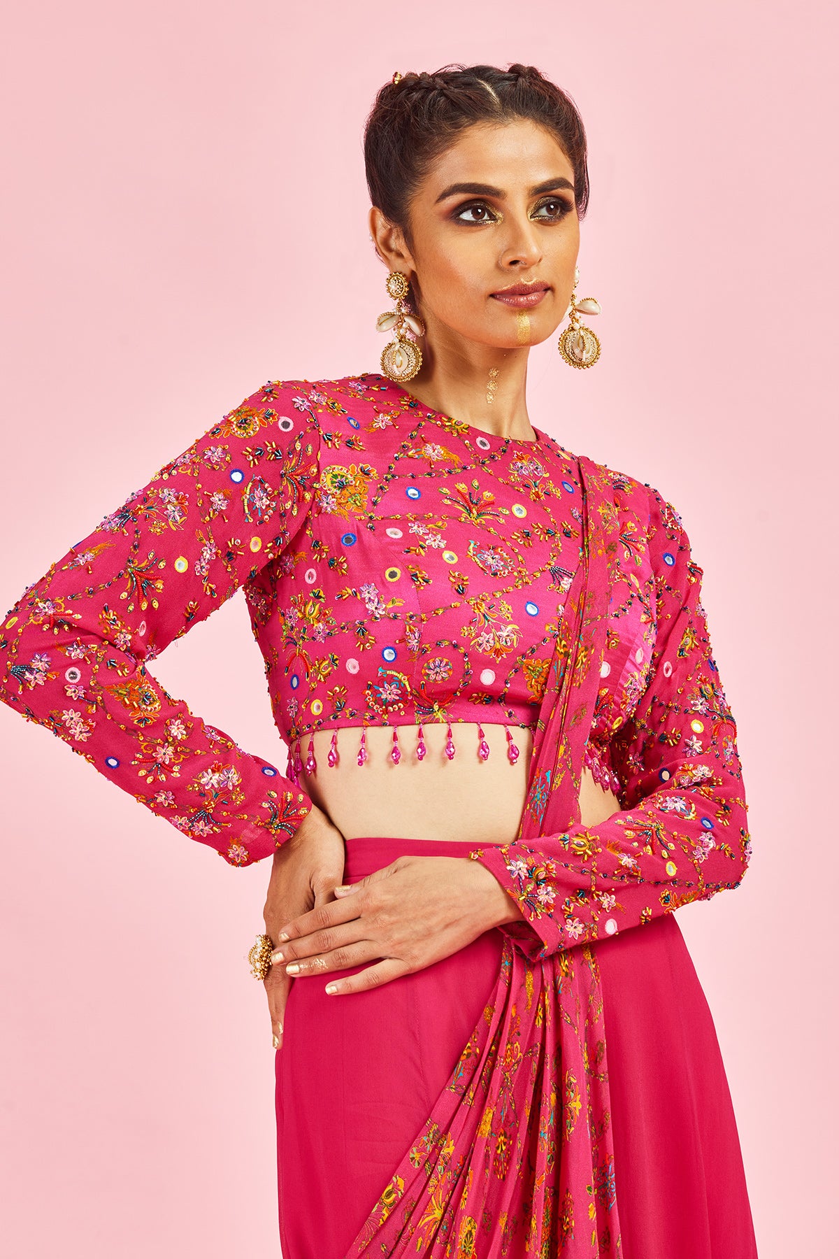 Fuchsia Pink Highlighted Blouse With Sharara Sari