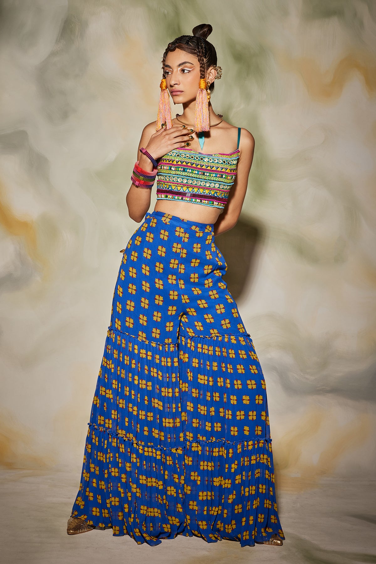 Blue Embroidered Bustier Crop Top with Butta Print Gharara Pant With Dupatta