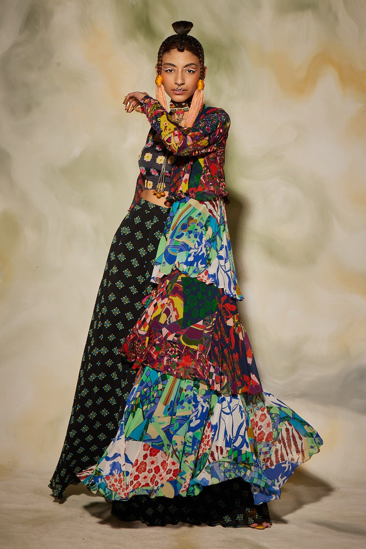 Multicolor Aztec & Butta Printed Layer Cape With Sharara Pant Set