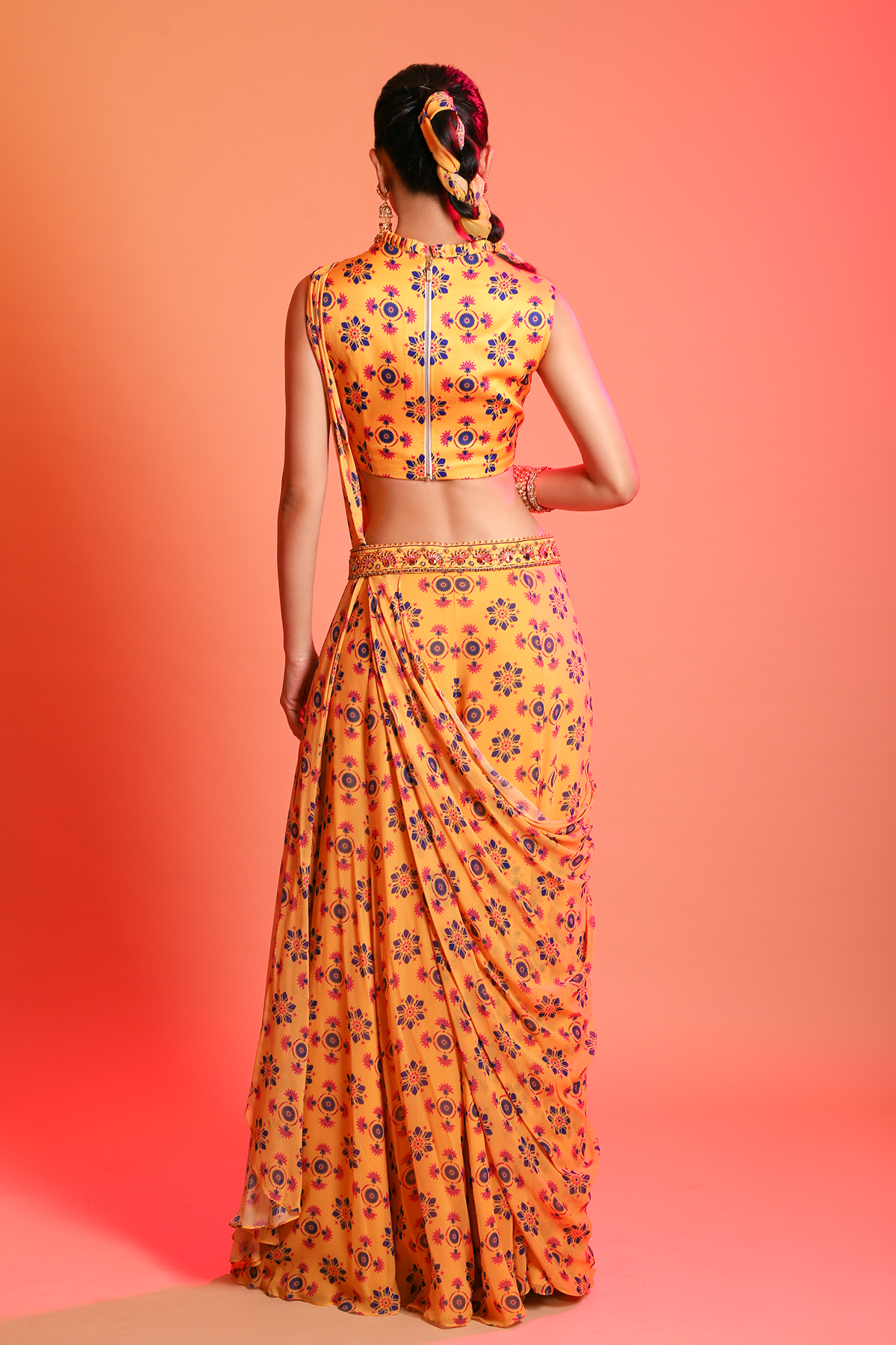 Mustard Mix Butta Highlighted Ruffle Neck Blouse With Printed Mix Butta Sharara Saree & Leather Embroidered Belt