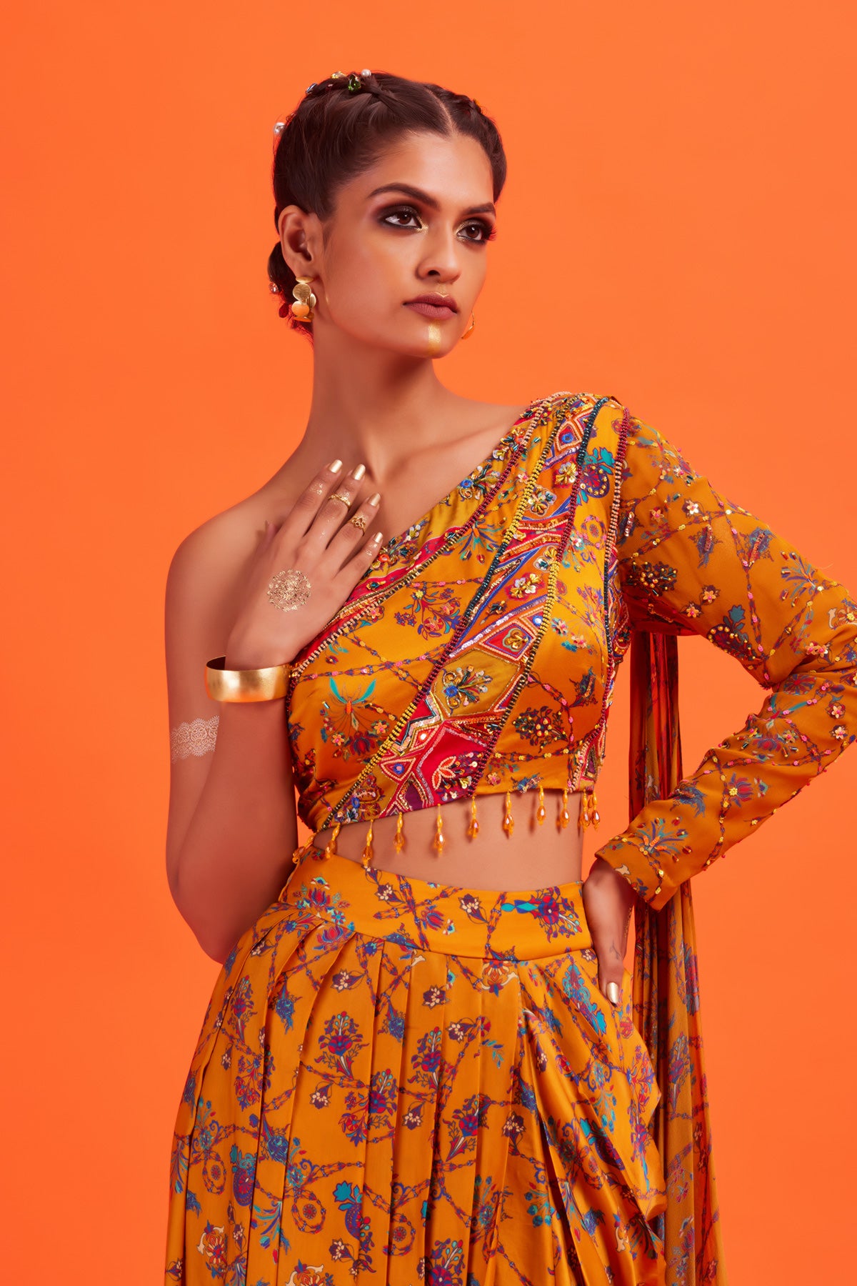 Yellow One Off Shoulder Crop Top With Dhoti Skirt