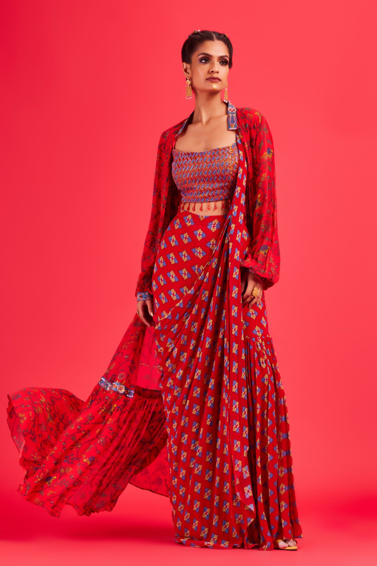 Red Bustier With Printed Cape & Gharara Sari