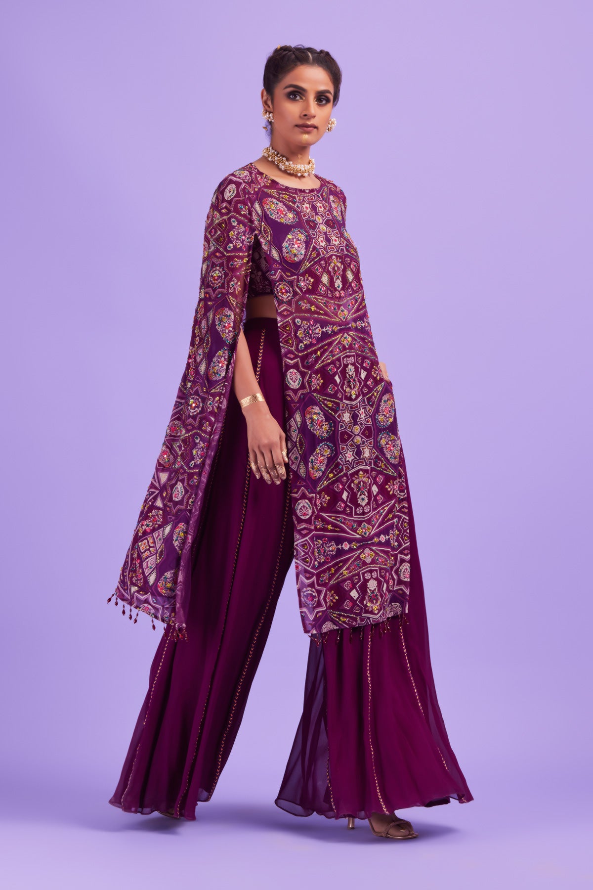 Purple Jaal Print & Highlighted Cape & Sharara Pants