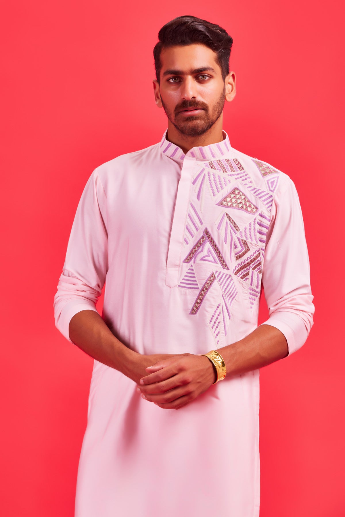 Blush Pink Self on Self Abstract One Side Embroidered Kurta With Blush Pink Pants