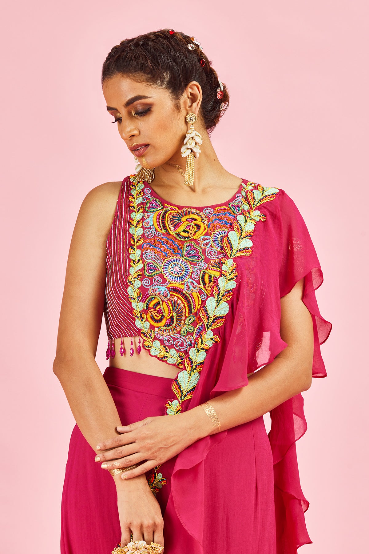 Fuchsia Pink Embroidered Blouse With Ruffle Sari
