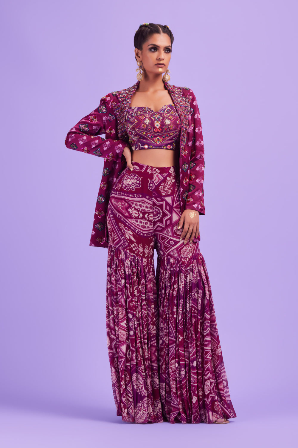 Ivory Butta Print And Highlighted Square Neck Blouse With Caramel Print And Highlighted Tiered Skirt Saree Set main image 0