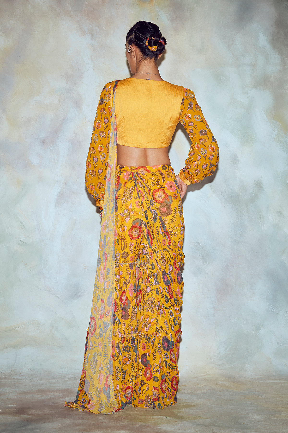 Yellow Floral Print Saree Set