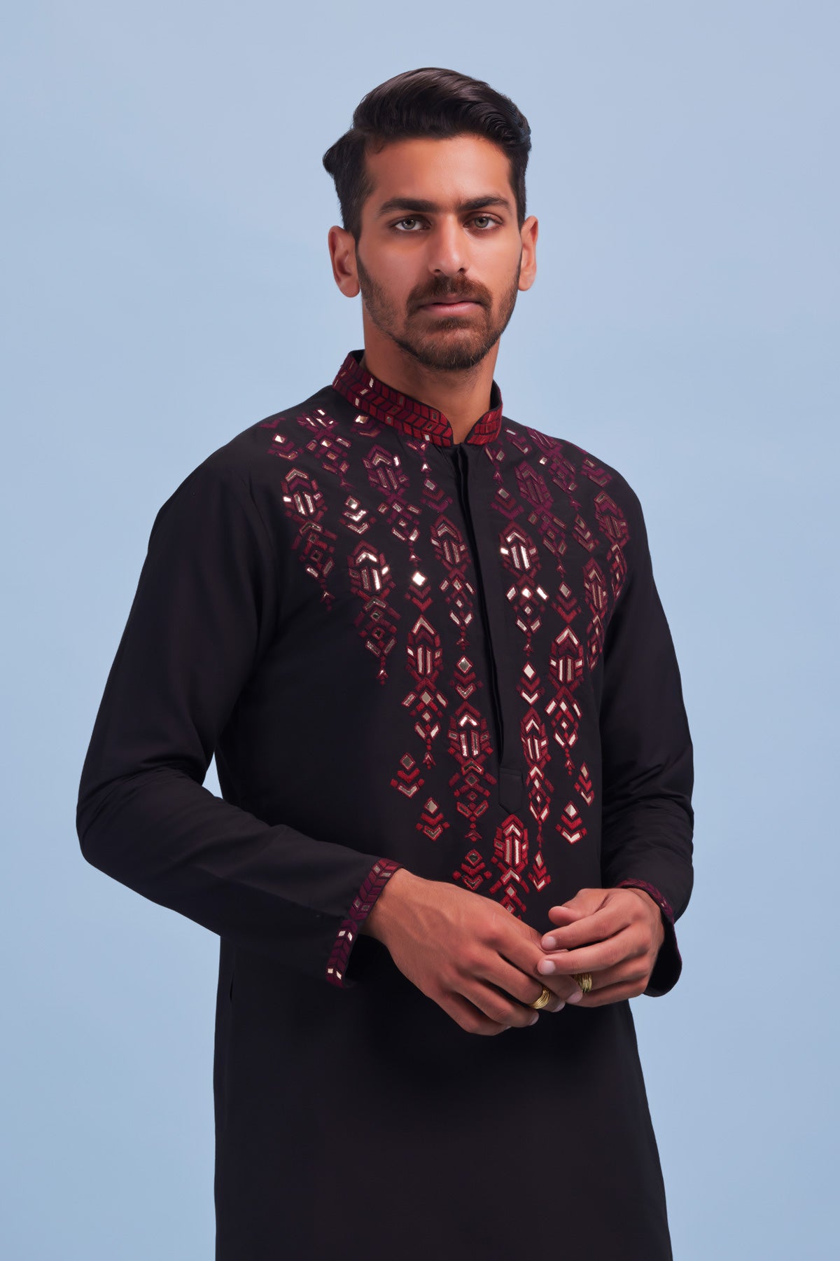 Black Geometric Acrylic and Thread Ombre Embroidered Kurta With Black Pants