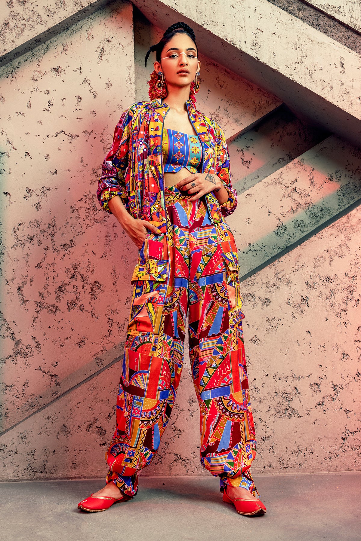 Multicolor print block co-rd embroidered with Jacket and Pants