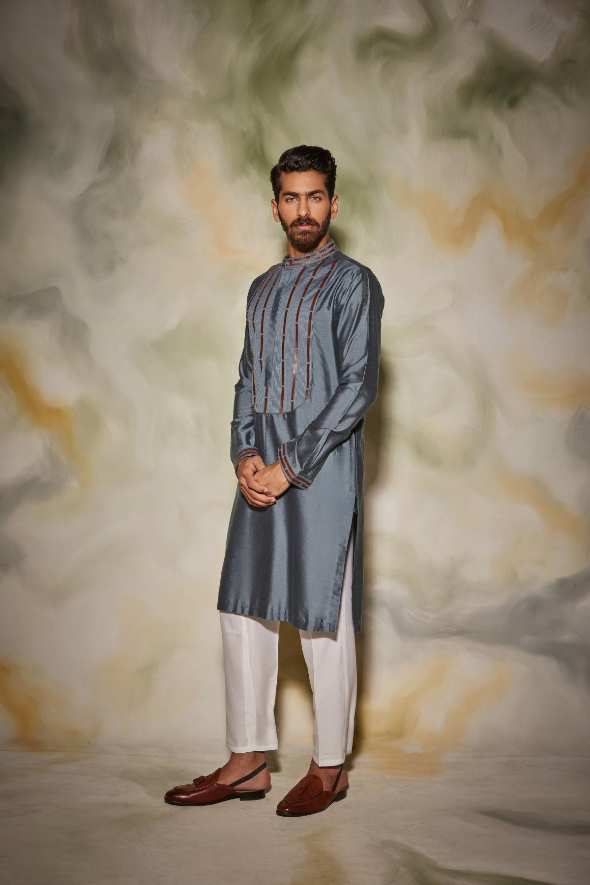 Grey with Brown leather stripped with texture detail Kurta