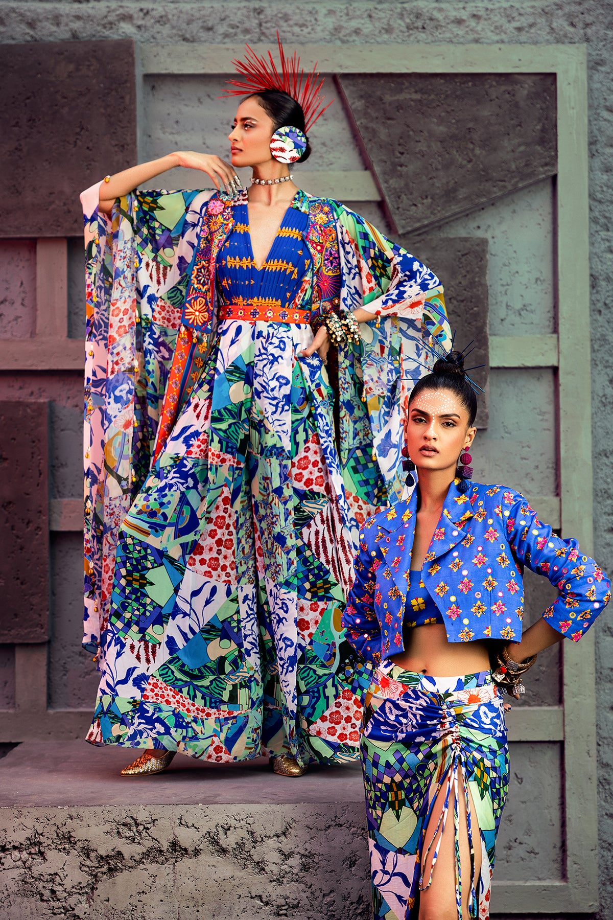Blue Butta & Aztec Print Crop Jacket & Skirt