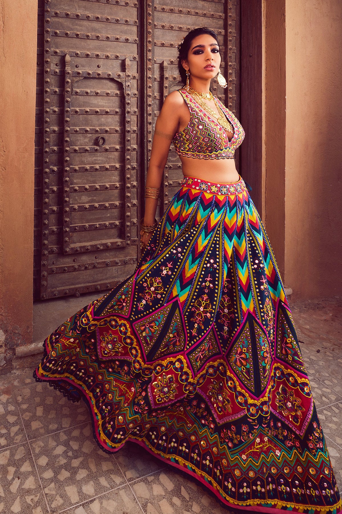 Teal Blue Chevron Print & Highlighted Blouse Lehenga And Organza Embroidered Dupatta