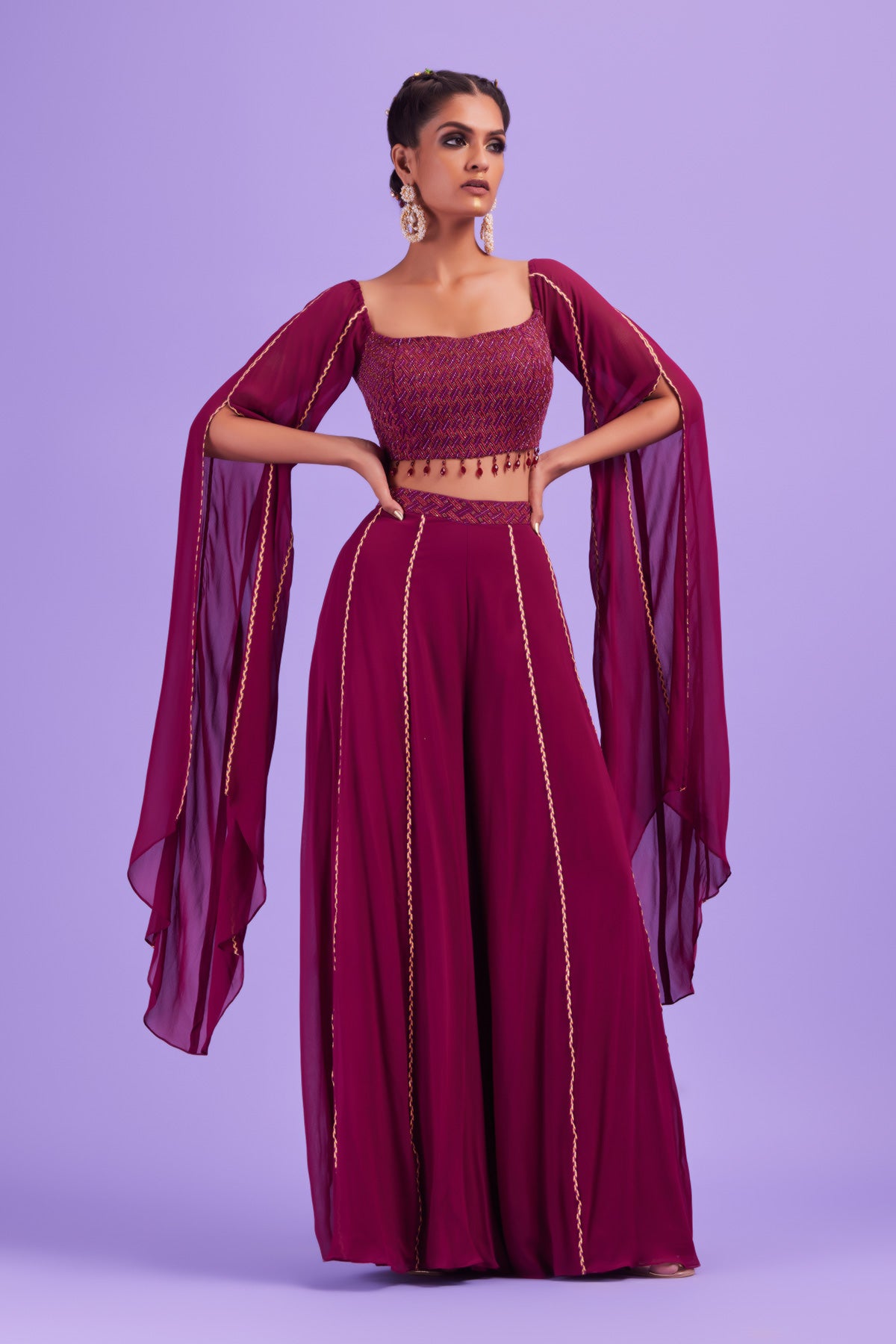Purple Embroidered Blouse With Flare Cord Sleeves And Sharara Pants