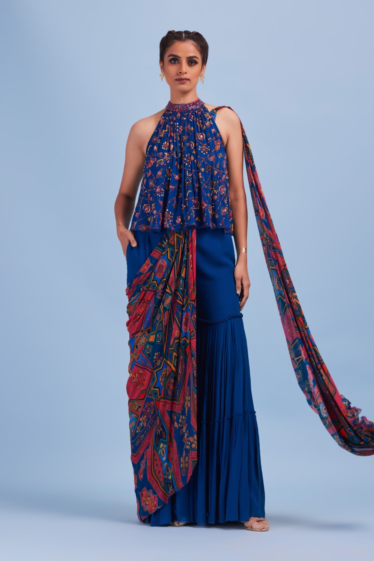 Blue Bale Print & Highlighted In-cut Flare Top with Blue Gharara Sari