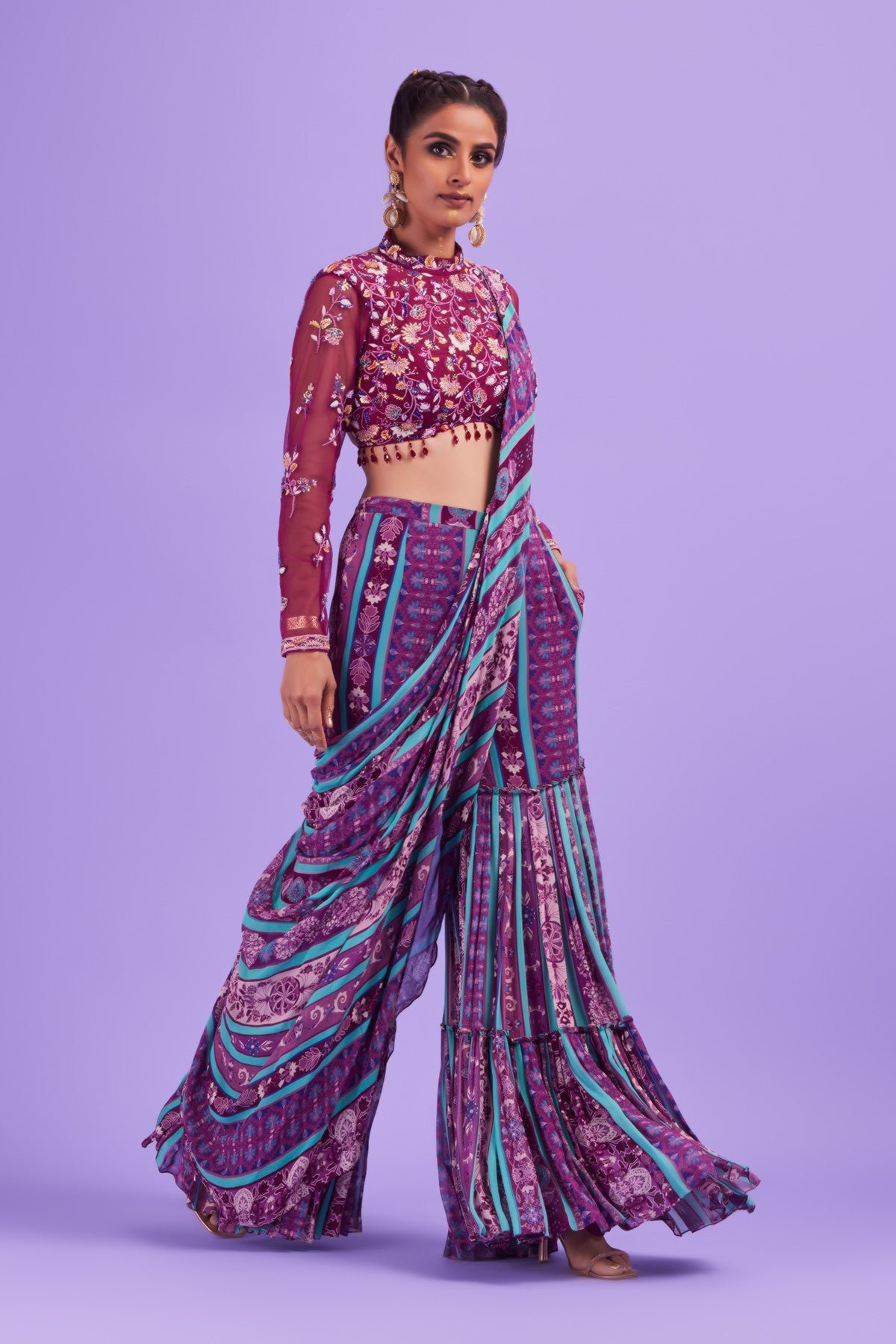 Purple Thread & Cutdana Floral Embroidered Blouse with Purple & Green Stripped Print Gharara Sari