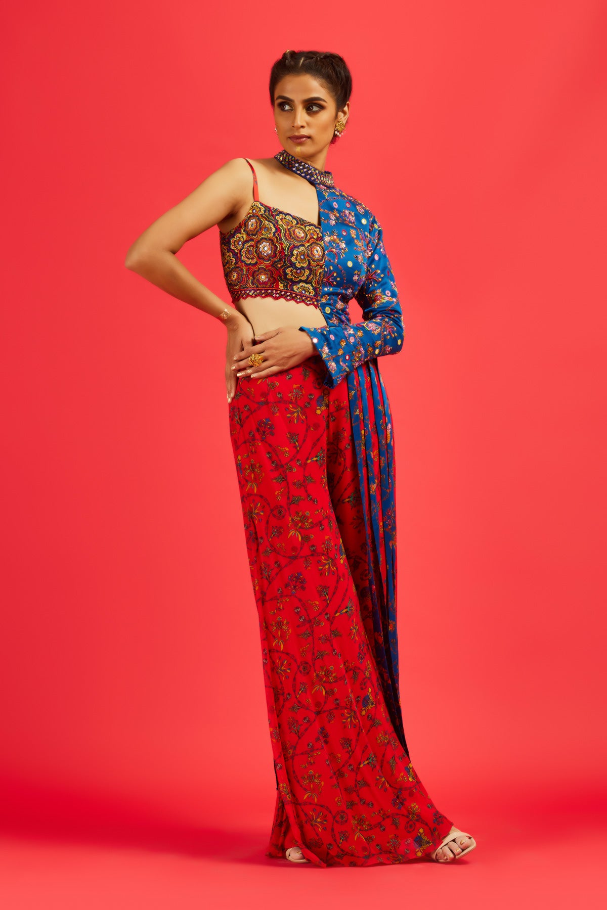 Red Asymmetrical High & Low Top With Printed Sharara Pants & Tote Bag