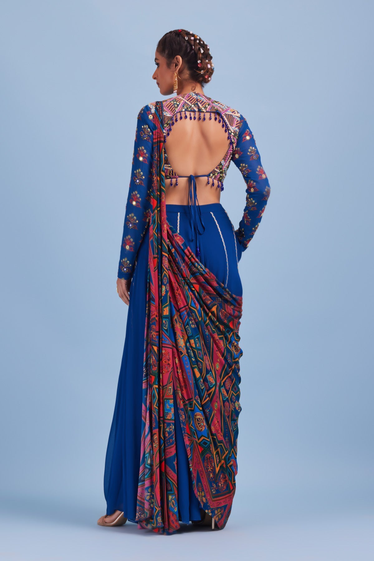 Blue Abstract Stripe Embroidered Sari Set