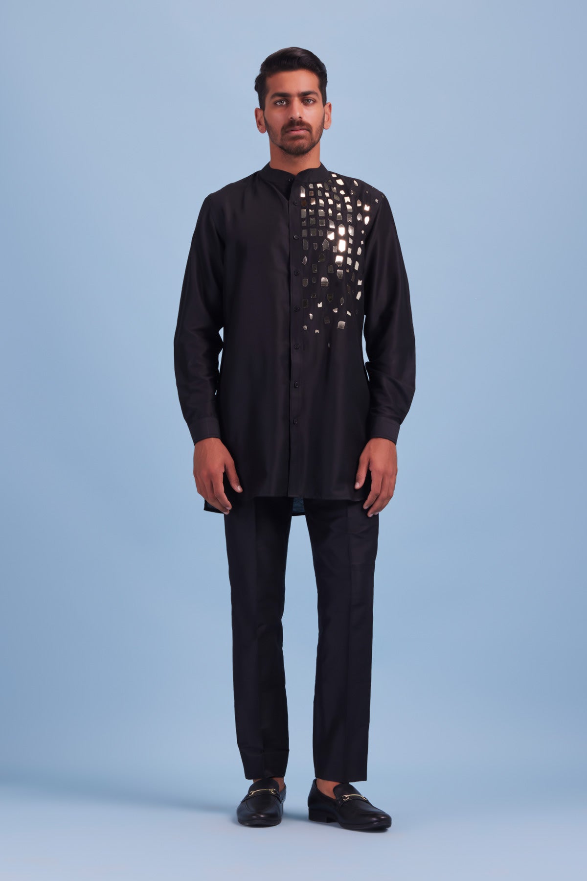 Black Acrylic and Thread  Embroidered Dropdown Kurta Shirt With Acrylic and Thread Embroidered Front Open Jacket With Black Pants