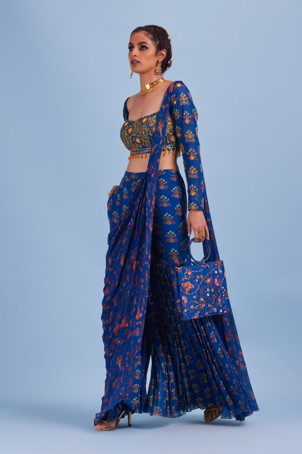 Blue Cutdana Floral Embroidered Butta Gharara Pants Sari Set