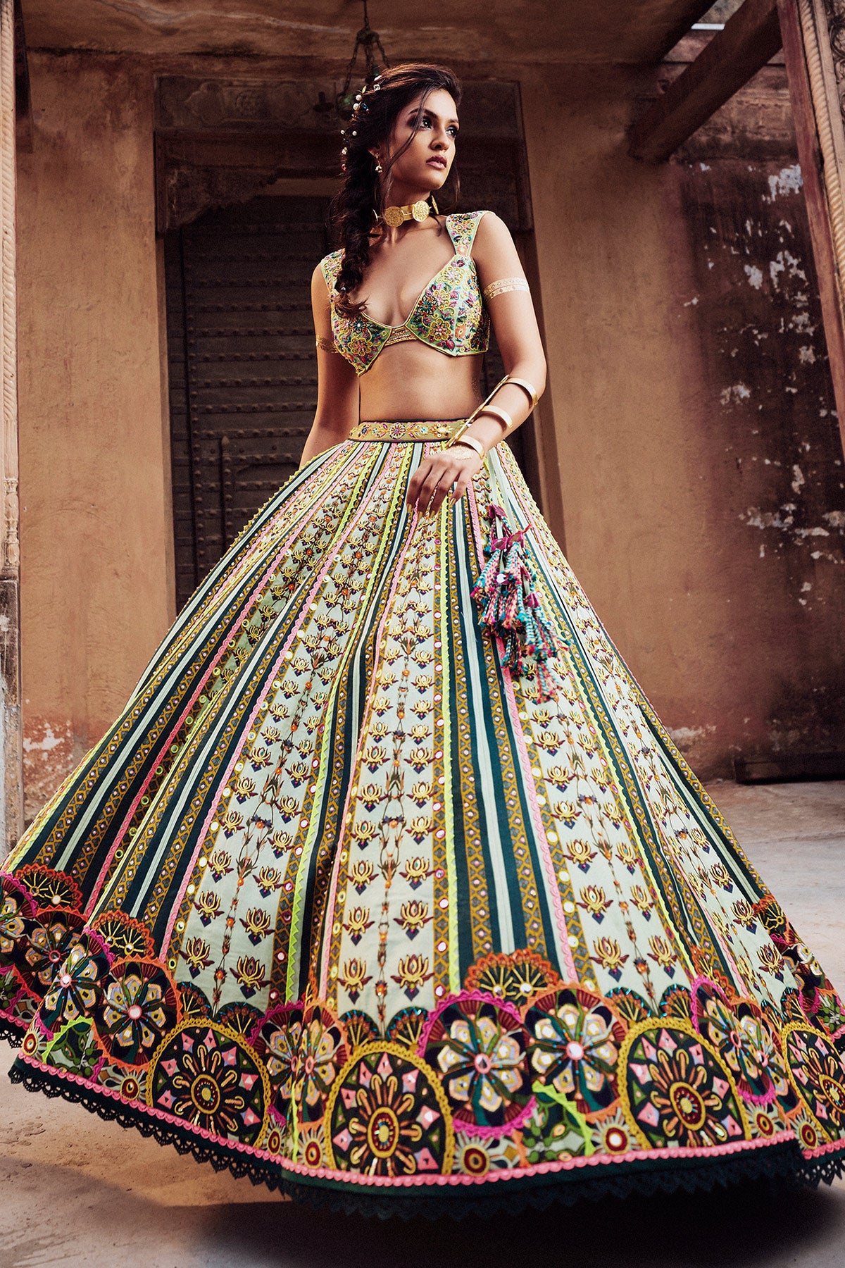 Mint Green Neon Embroidered Blouse Lehenga And Organza Embroidered Dupatta