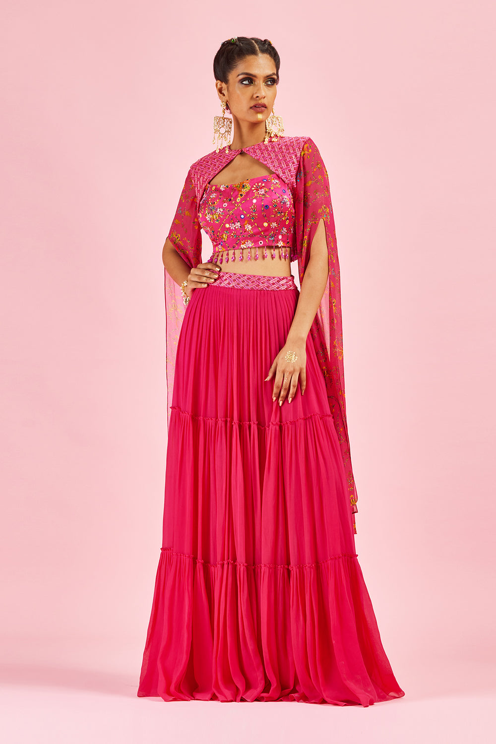 TCR Mint Foil Work Crop Top With Fuchsia Pink Dhoti!