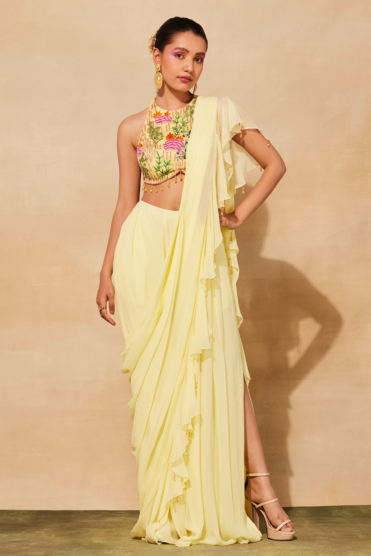 PASTEL YELLOW FLORAL EMBROIDERED SAREE SET