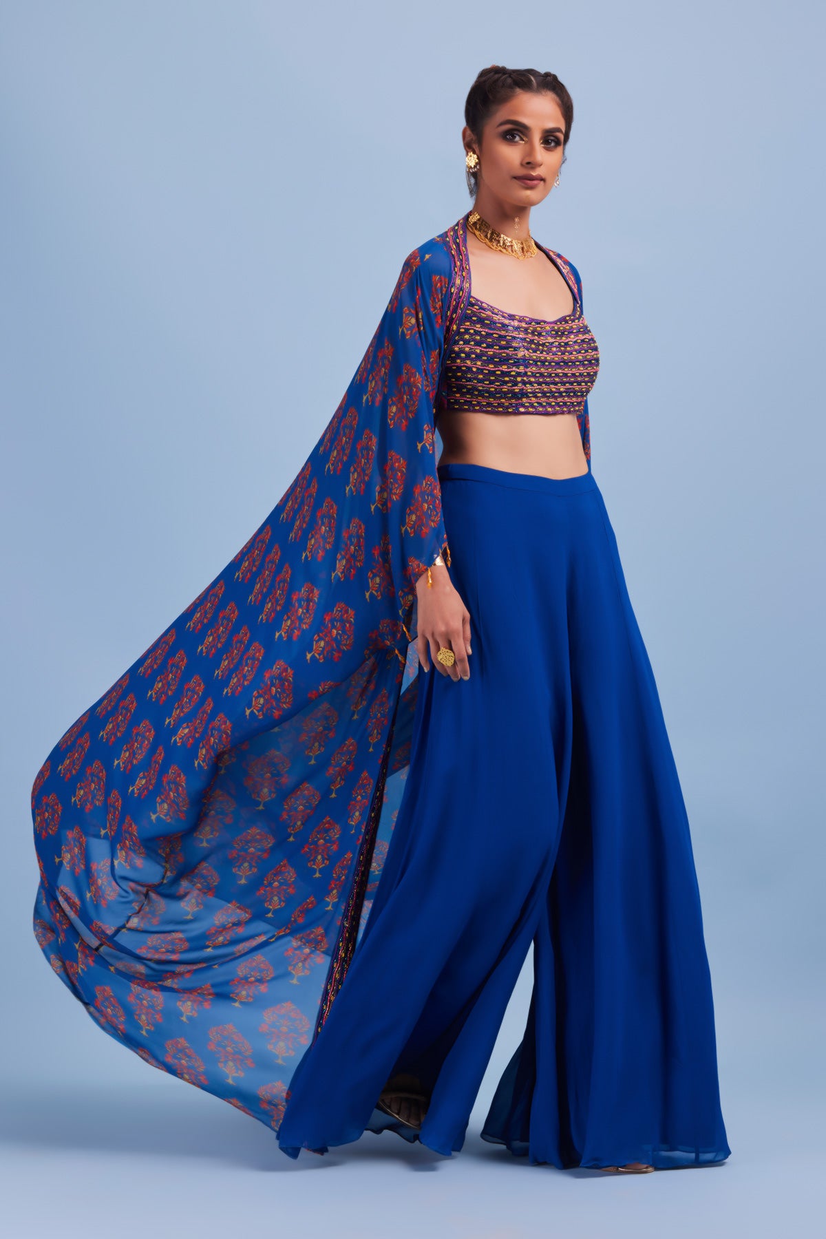 Blue Cord & Cutdana Embroidered Bustier Cape Set