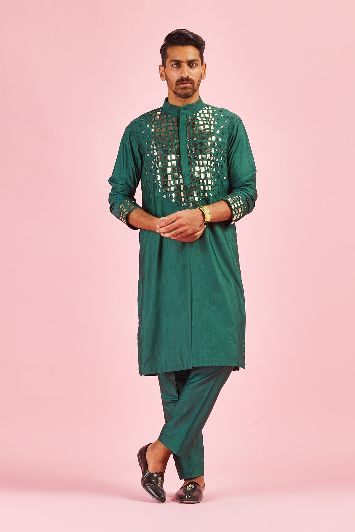Green Acrylic and Thread Embroidered Dropdown Kurta With Green Pants