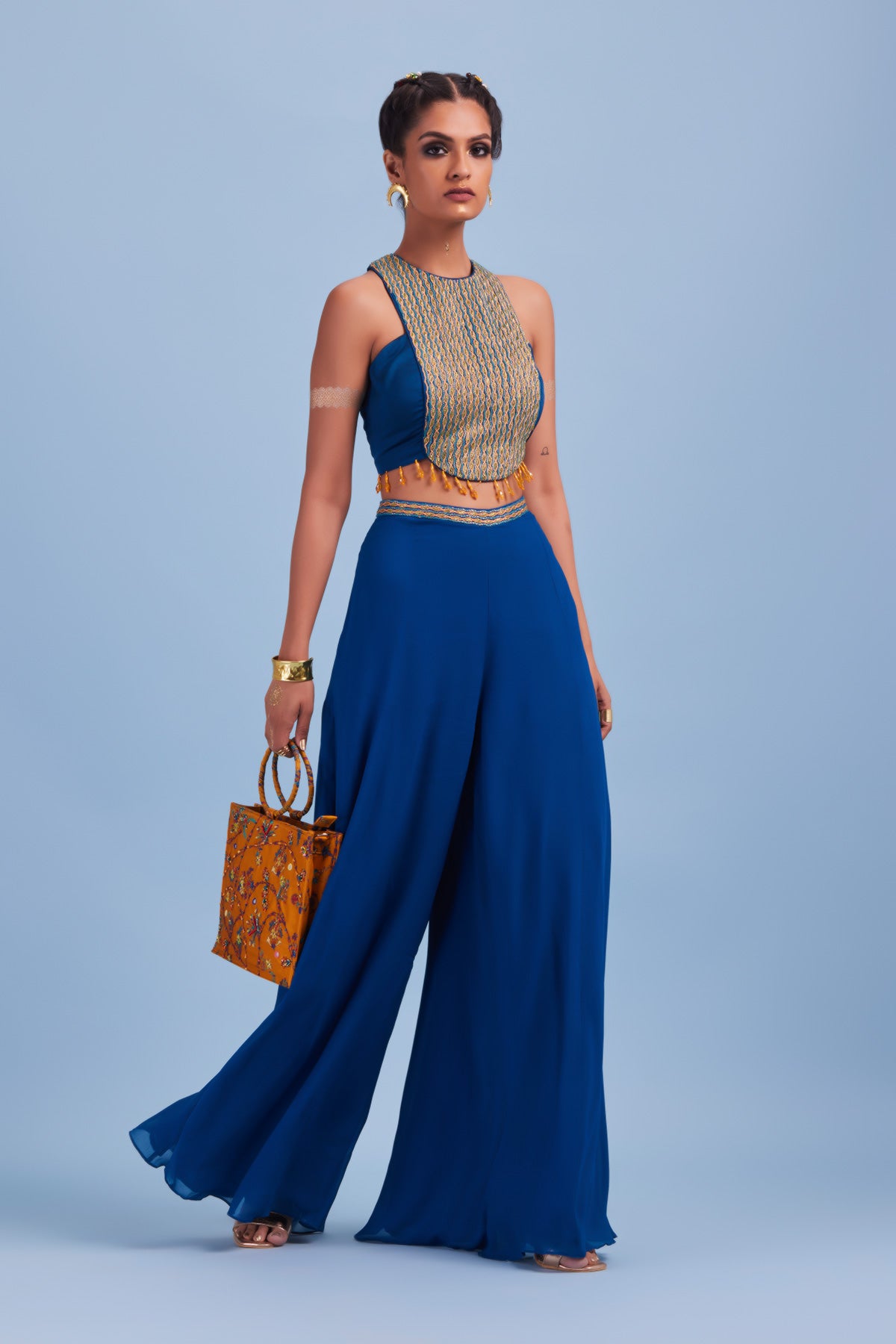 Blue Cord & Cutdana Center Panel Embroidered Crop Top & Pants