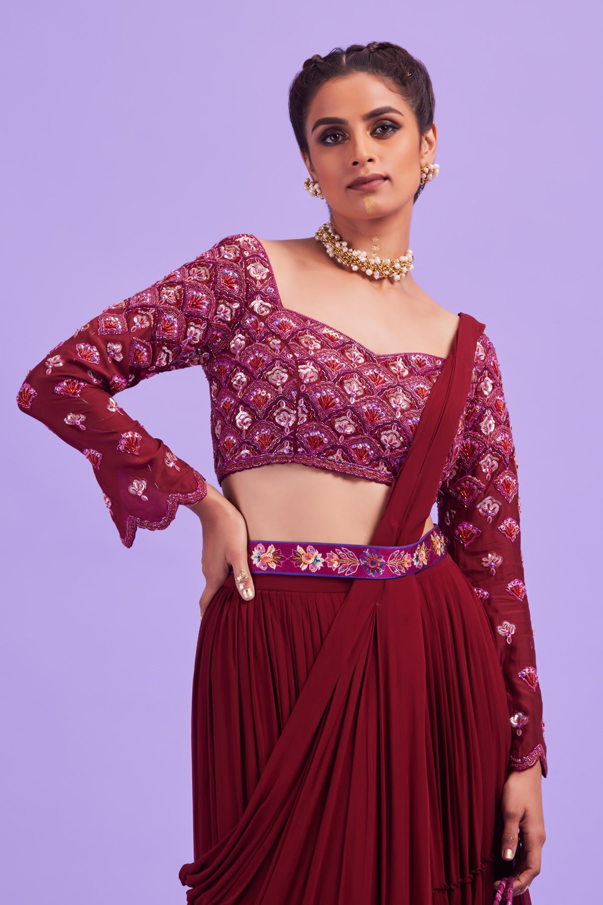 Deep Red Self on Self Scallop Embroidered Blouse with Sari Set