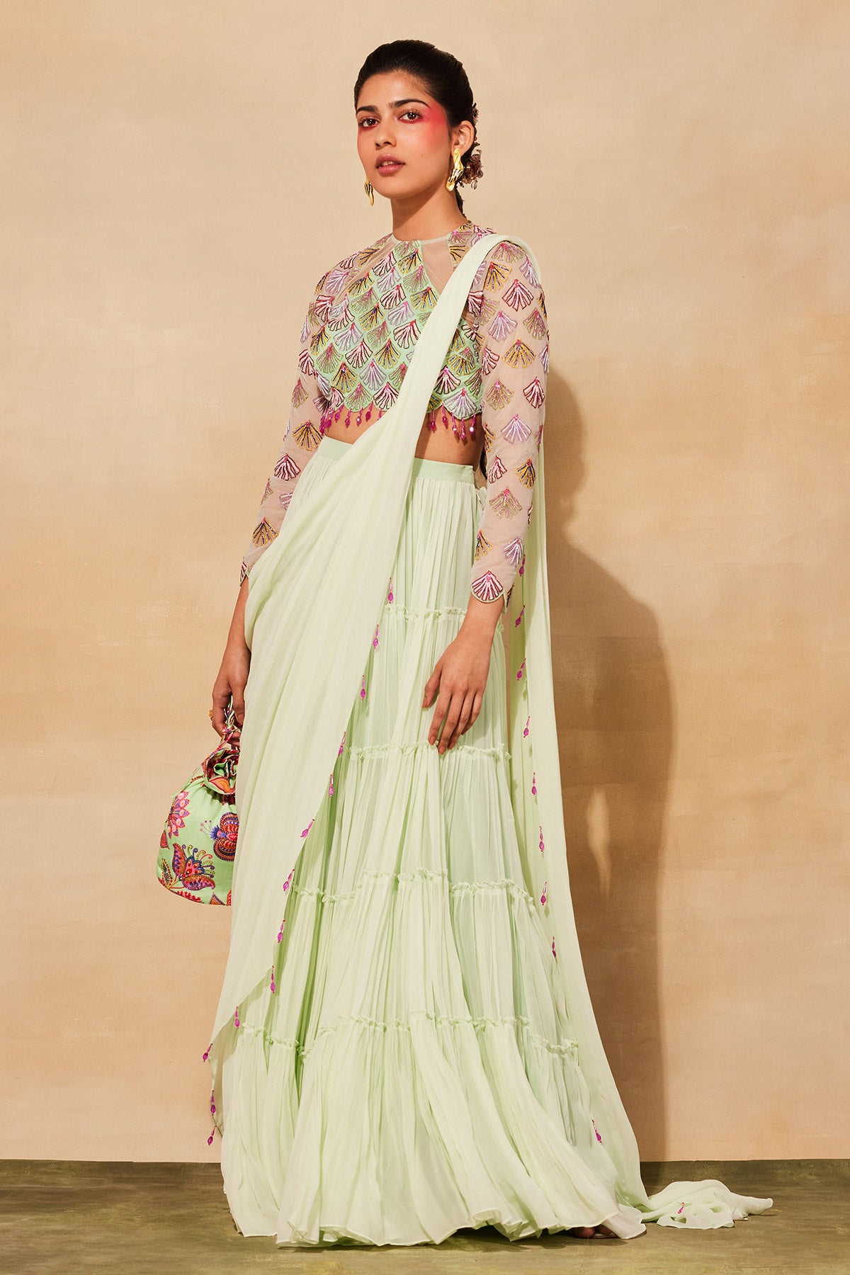 MINT GREEN SCALLOP EMBROIDERED  SAREE SET