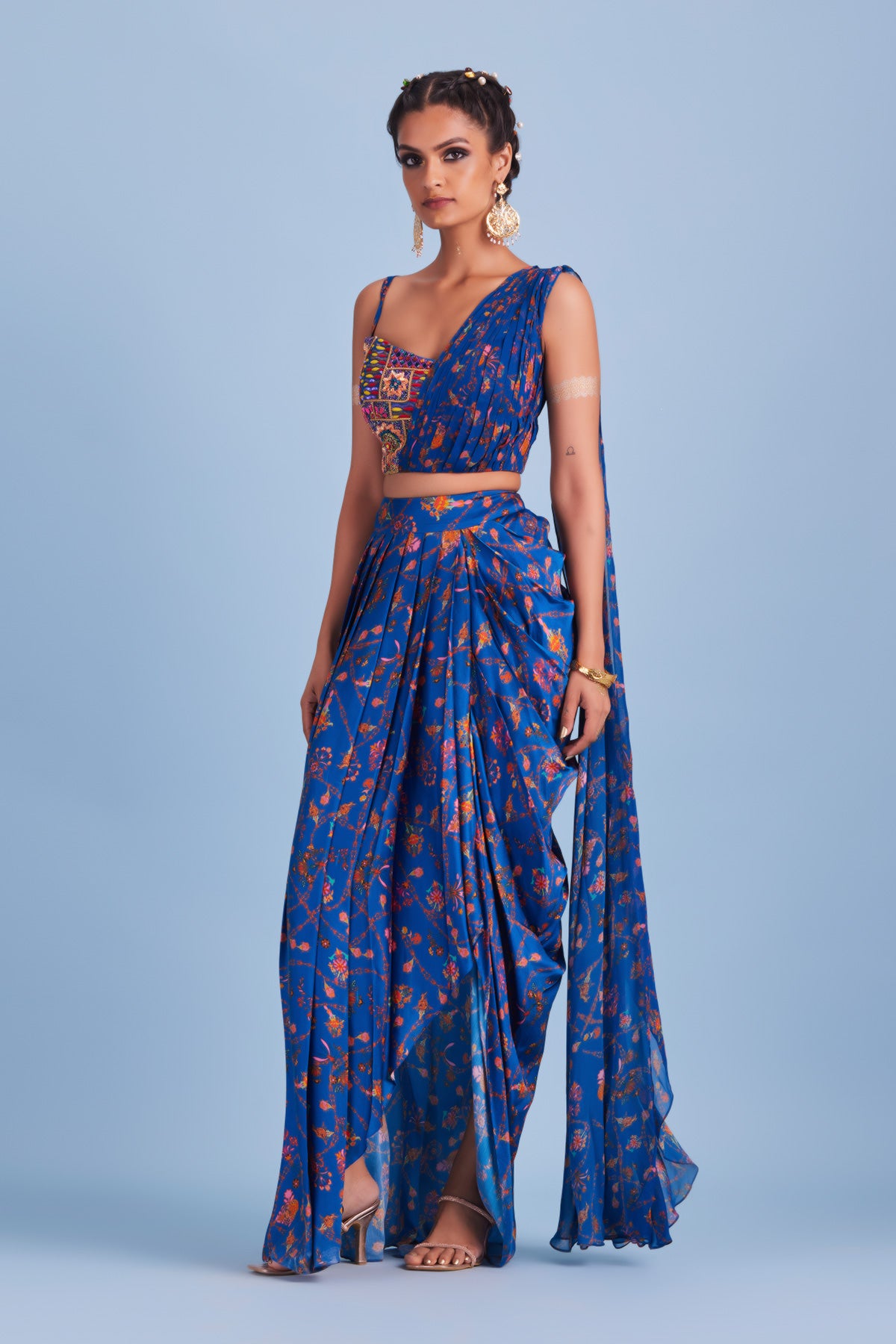 Blue Bale Printed Drape Asymmetrical Crop top & Skirt