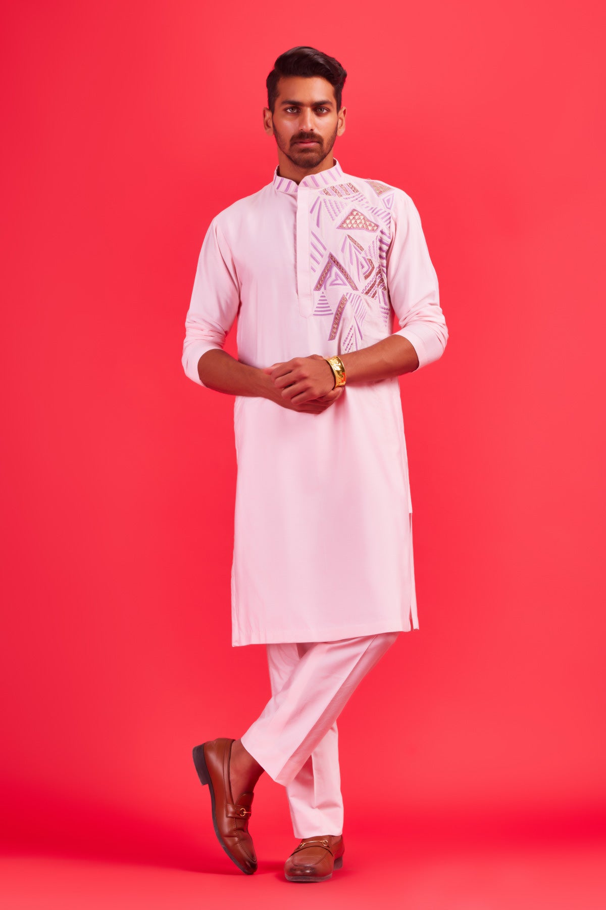 Blush Pink Self on Self Abstract One Side Embroidered Kurta With Blush Pink Pants