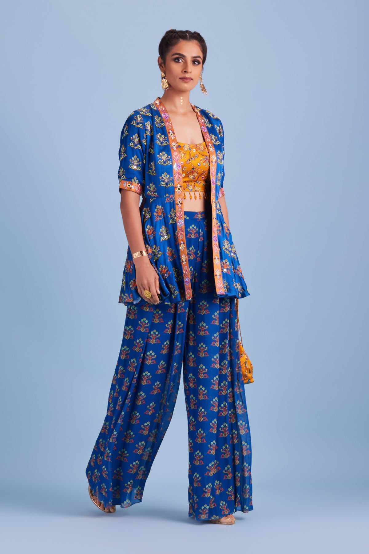 Blue Butta Printed and Embroidered Peplum Set