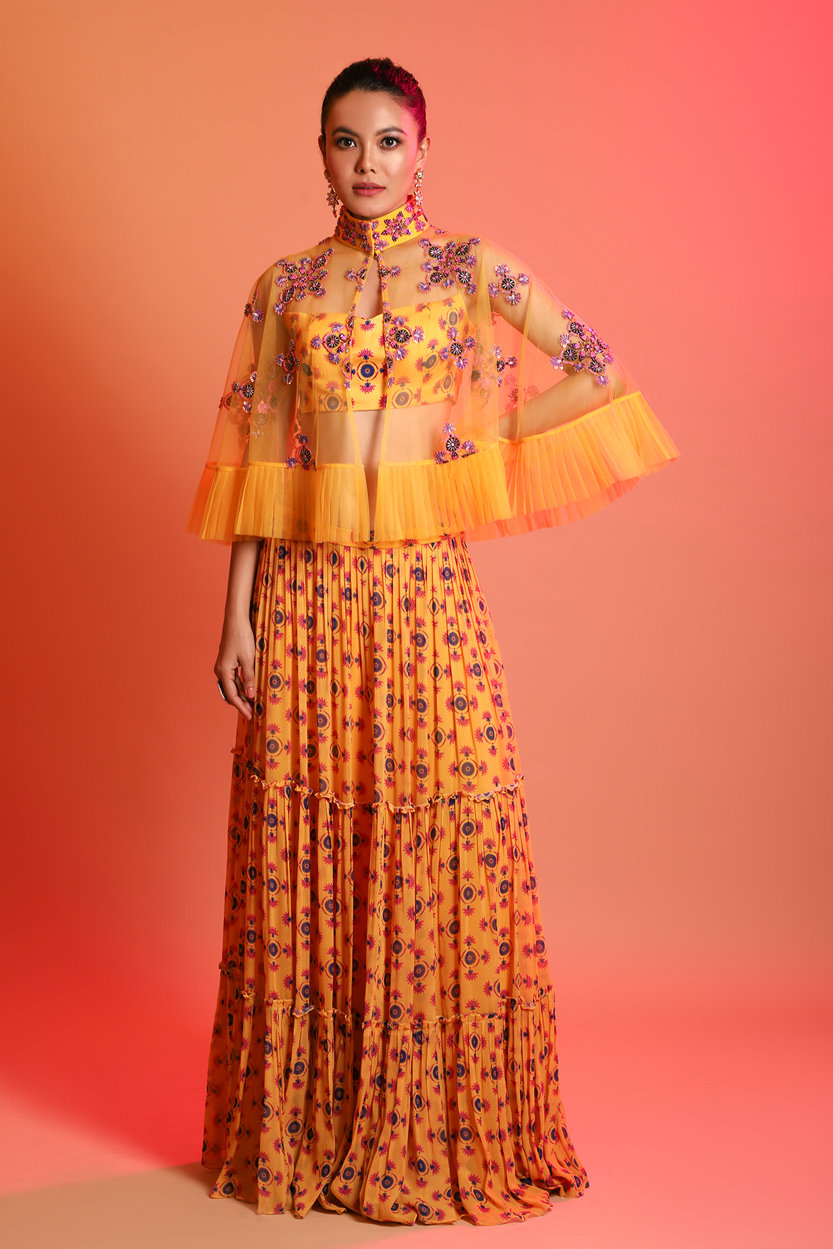 Mustard Chakra Butta Printed Blouse With Tiered Skirt & Chakra Embroidered Cape