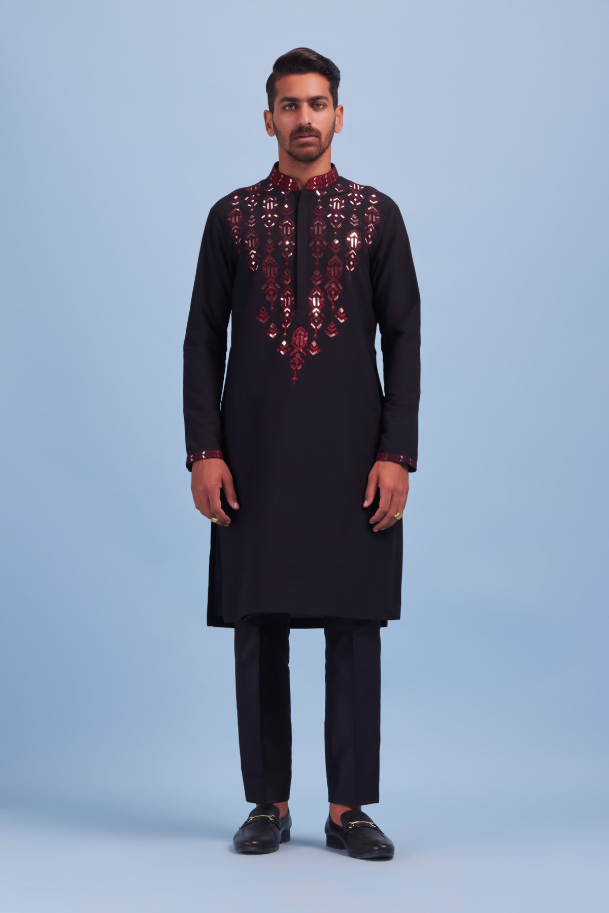 Black Geometric Acrylic and Thread Ombre Embroidered Kurta With Black Pants