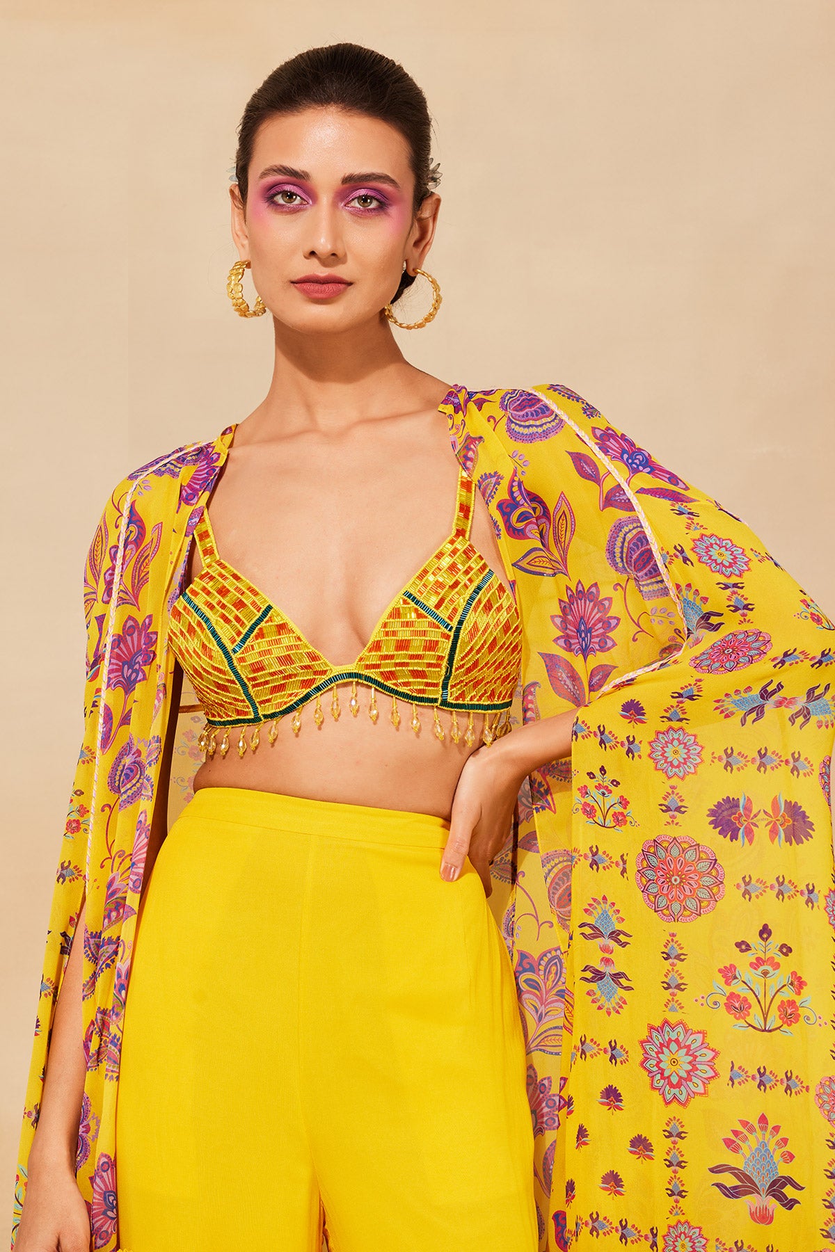 YELLOW PRINT & EMBROIDERED CAPE SET