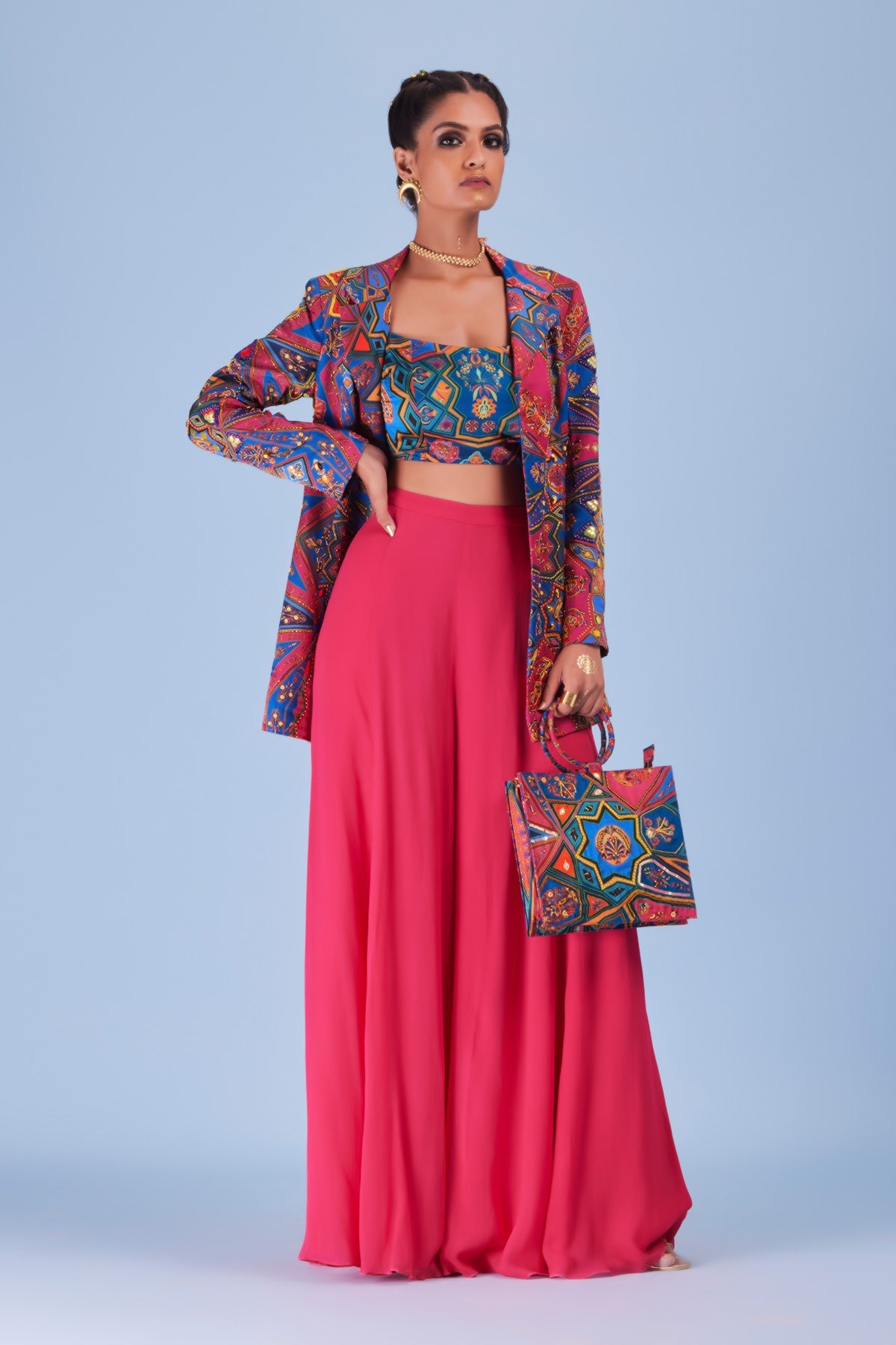 Madhuri Dixit in Teal & Fuchsia Pink Jaal Print & Highlighted Blazer Set