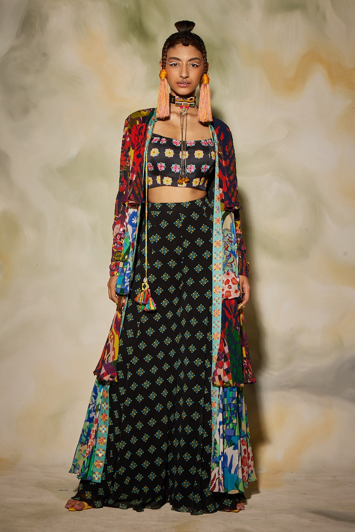 Multicolor Aztec & Butta Printed Layer Cape With Sharara Pant Set