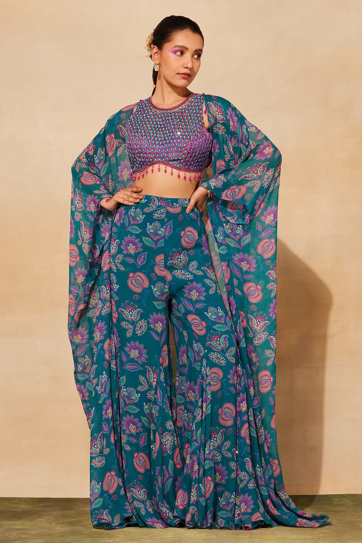TEAL BLUE EMBROIDERED & PRINTED CAPE SET