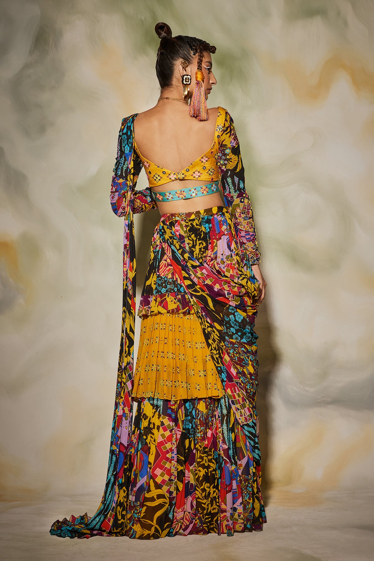 Yellow & Blue Aztec Printed Layer Skirt Saree Set