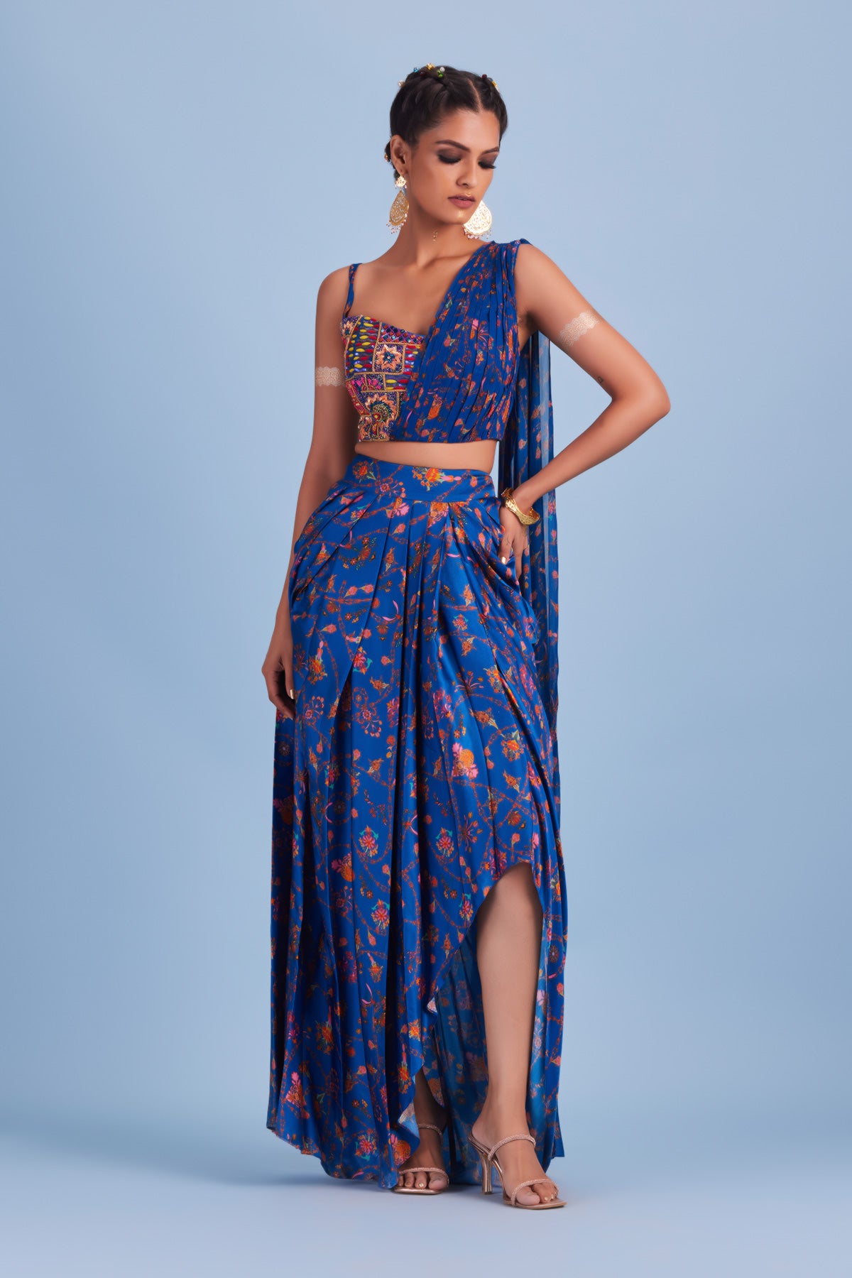 Blue Bale Printed Drape Asymmetrical Crop top & Skirt
