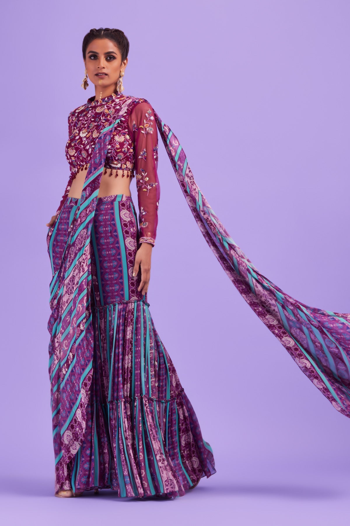 Purple Thread & Cutdana Floral Embroidered Blouse with Purple & Green Stripped Print Gharara Sari
