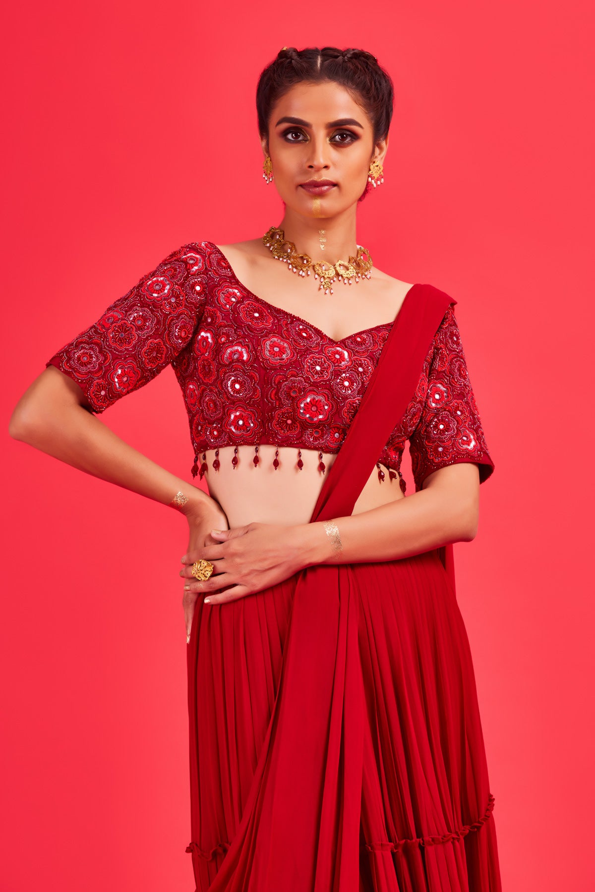 Red Floral Embroidered Blouse With Red Tiered Skirt Sari