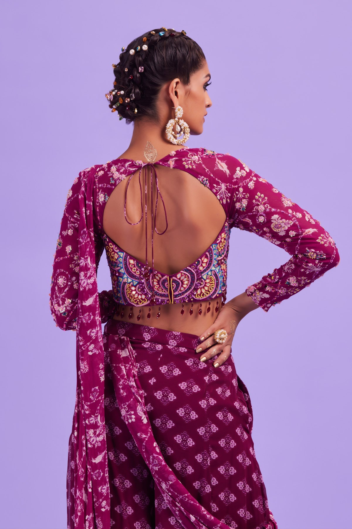Purple Half Circle Embroidered Full Sleeves Blouse with Printed Sharara Sari