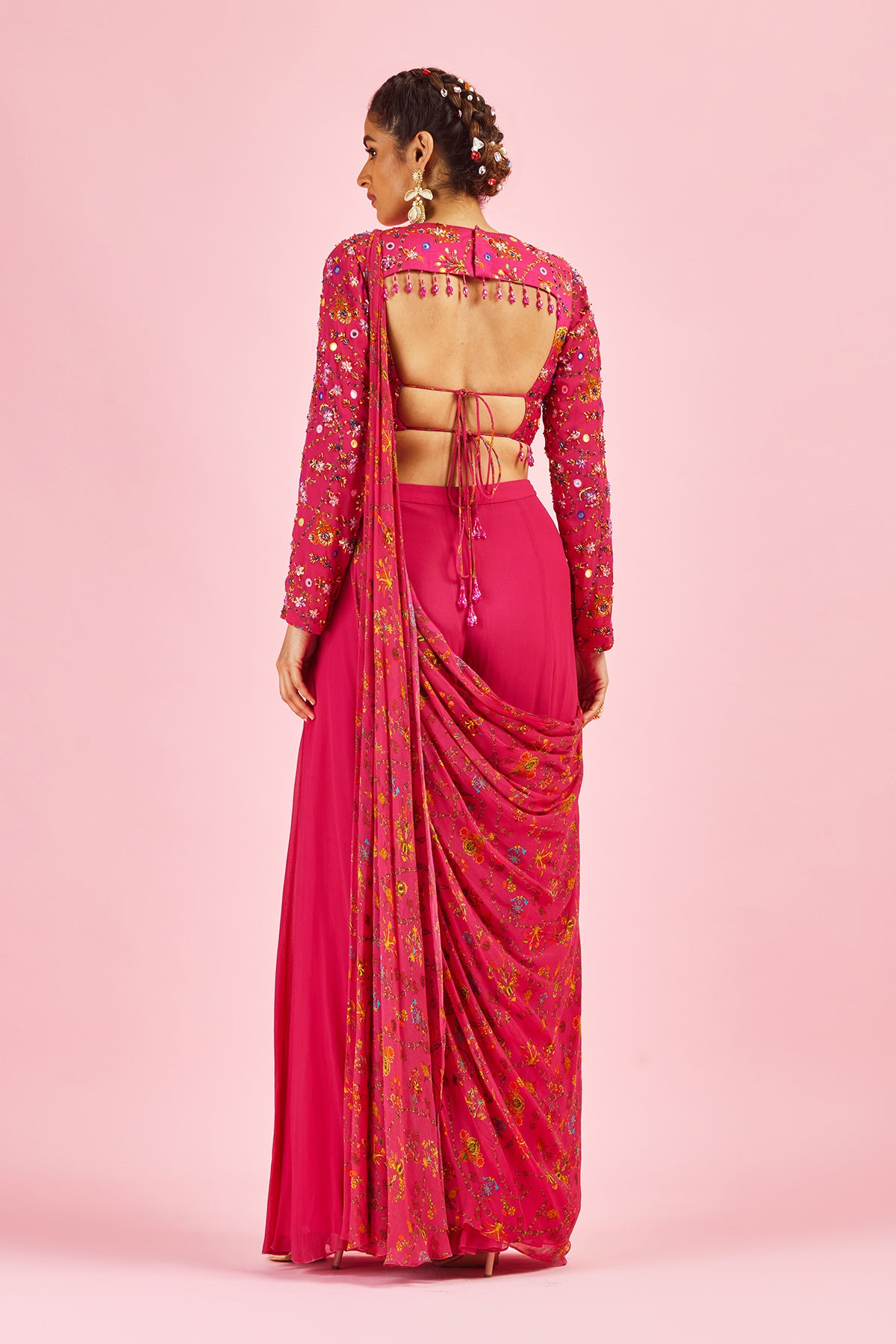 Fuchsia Pink Highlighted Blouse With Sharara Sari