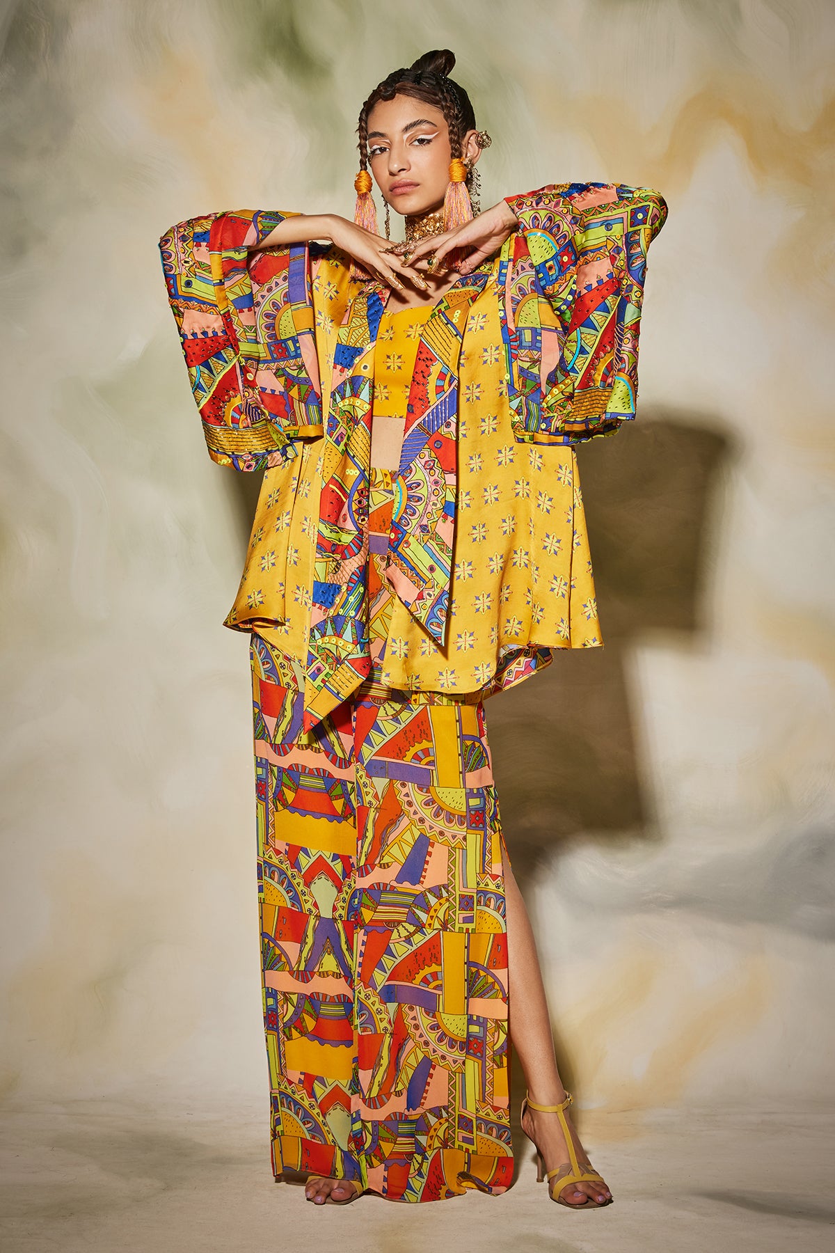 Yellow Butta Print With Neon Geometric Print Highlighted Kimono Set